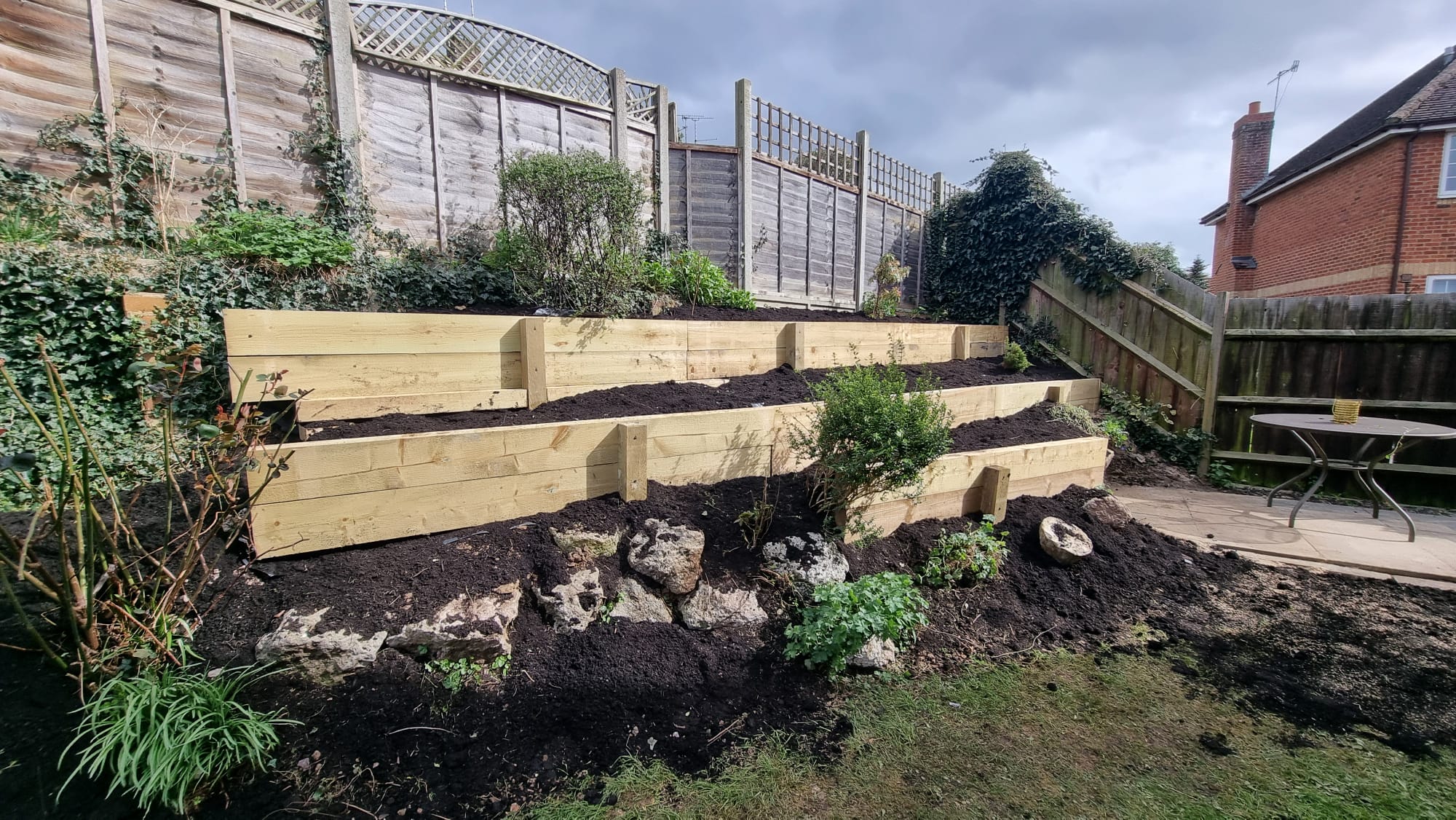 Raised beds with wooden sleepers